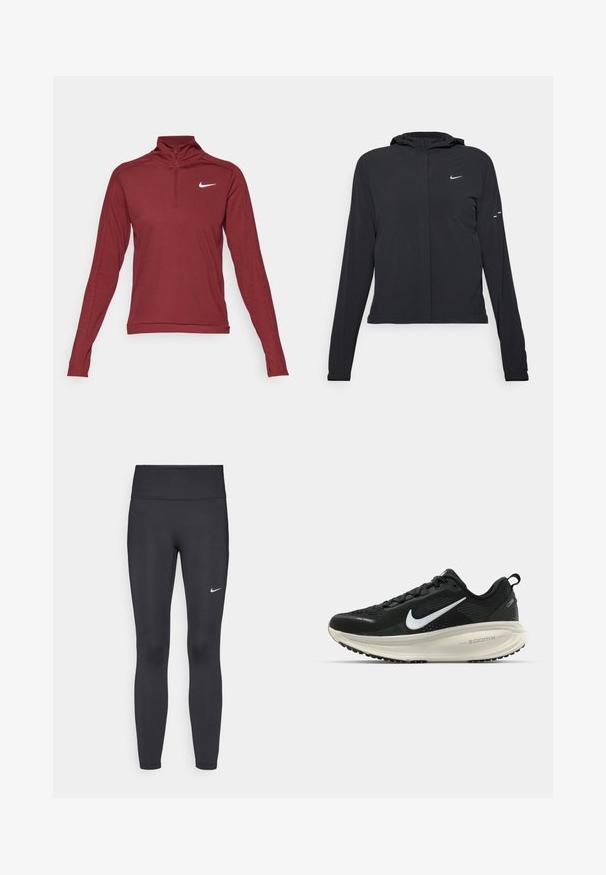 Must musta kapuutsiga jakk, millel on pikad varrukad ja mis on valmistatud kergetest materjalidest. Omab esitaskut, Nike logo ja kergelt silmatorkavaid disainiaktsente.; Burgundia pikkade varrukatega sporditopp, millel on pooltõmblusega krae ja valge Nike logo rinnal. Valmistatud siledast ja venivast materjalist.; Mustad mustadest leggingid, mis on valmistatud venivast kangast, kõrge vöökoha ja valge Nike logo abil vasakul reiel. Sile tekstuur, keha järgiv disain.; Musthave mustus Nike jooksujalats, millel on hingav võrgust ülemine osa, valge swoosh logo, tekstuuriga detailid ja kreemja värvusega ZoomX vahevöö.