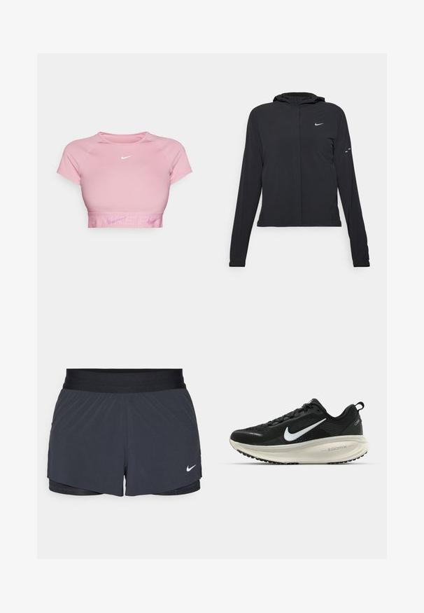 Juodas gobtuvas striukė su ilgomis rankovėmis, pagaminta iš lengvo audinio. Pasižymi priekiniais užtrauktukais, Nike logotipu ir subtiliais dizaino akcentais.; Trumpas rožinis cropped top'as su trumpomis rankovėmis, banguota apykakle ir balta Nike logotipo emblema ant krūtinės. Lygus audinys su prigludusia forma.; Juodos sportinės šortai su elastine talija, turintys sluoksniuotą dizainą ir mažą baltą Nike logotipą kairiajame apačioje. Lengvas audinys.; Juodas Nike sportinis batelis su kvėpuojančiu tinklu, baltu swoosh logotipu, tekstūruoto dizaino detalėmis ir grietinėlės spalvos ZoomX viduriu.