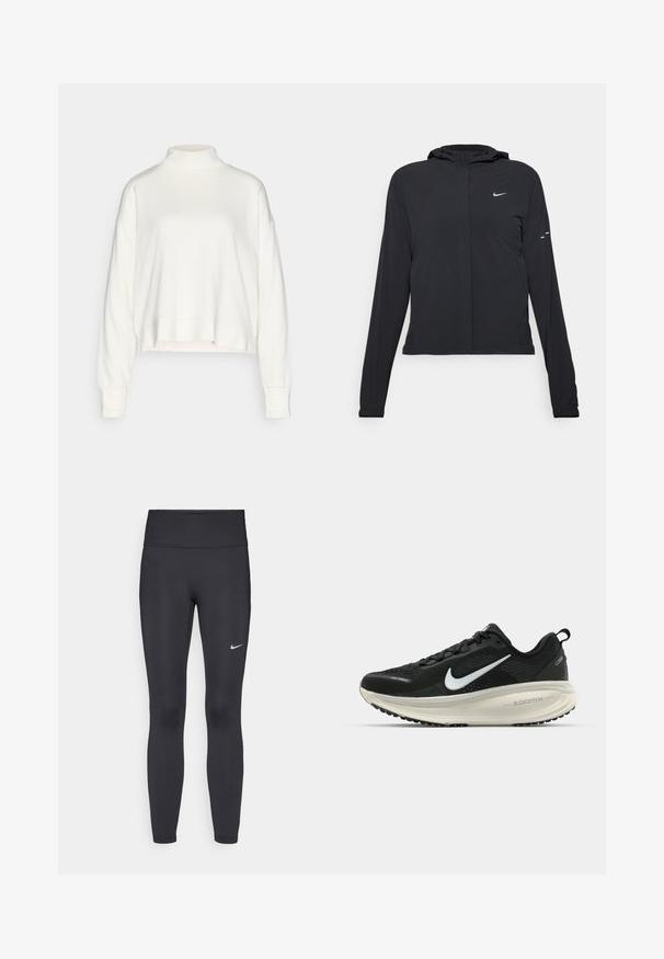Must musta kapuutsiga jakk, millel on pikad varrukad ja mis on valmistatud kergetest materjalidest. Omab esitaskut, Nike logo ja kergelt silmatorkavaid disainiaktsente.; Valge kõrge kaelusega pikkade varrukate topp, millel on lõtv istuvus, langenud õlad ja lühike hem, valmistatud pehmest tekstuuriga kangast.; Mustad mustadest leggingid, mis on valmistatud venivast kangast, kõrge vöökoha ja valge Nike logo abil vasakul reiel. Sile tekstuur, keha järgiv disain.; Musthave mustus Nike jooksujalats, millel on hingav võrgust ülemine osa, valge swoosh logo, tekstuuriga detailid ja kreemja värvusega ZoomX vahevöö.
