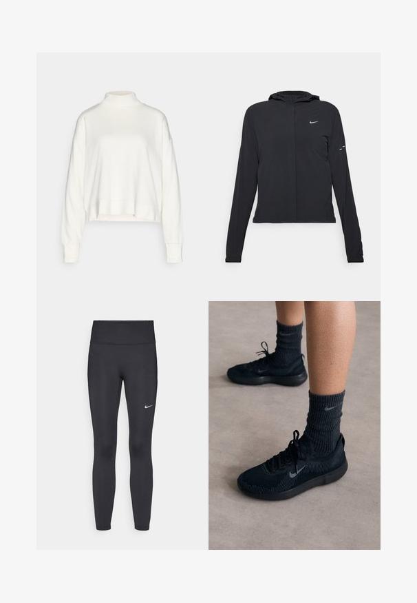 Giacca nera con cappuccio e maniche lunghe, realizzata in materiale leggero. Presenta una zip frontale, il logo Nike e accenti di design sottili.; Top bianco a collo alto e maniche lunghe, con una vestibilità morbida, spalle scese e orlo corto, realizzato in un tessuto morbido e texturizzato.; Leggings neri realizzati in tessuto elasticizzato, con una vita alta e un logo Nike bianco sulla coscia sinistra. Tessuto liscio, design aderente.; Sneakers neri Nike con tomaia in maglia testurizzata, caratterizzati da un logo swoosh grigio, abbinati a calze scure a coste. Suola in gomma piatta.