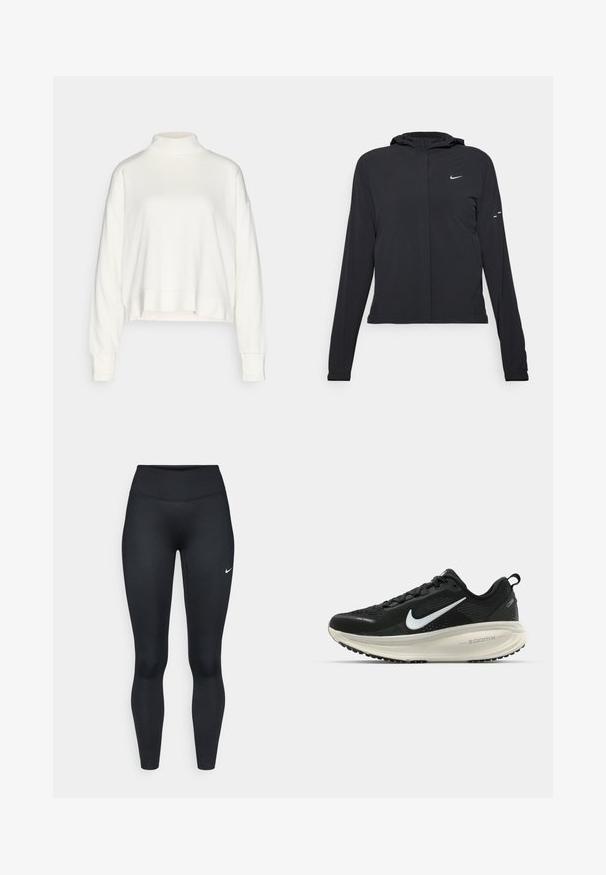 Mustassa hupparissa on pitkät hihat, ja se on valmistettu kevyestä materiaalista. Siinä on edessä vetoketju, Nike-logo ja hillityt muotoiluyksityiskohdat.; Valkoinen korkeakauluksinen pitkähihaiselle paita, jossa on rento istuvuus, laskettu olkalinja ja lyhennetty helma, valmistettu pehmeästä, teksturoidusta kankaasta.; Mustat urheiluleggingsit joustavasta kankaasta, joissa on korkea vyötärökaitale ja pieni valkoinen Nike-logo vasemmassa reidessä.; Mustat Nike-juoksukengät, joissa on hengittävä verkko-osa, valkoinen swoosh-logo, teksturoitu yksityiskohtaus ja kermaisen värinen ZoomX-välipohja.
