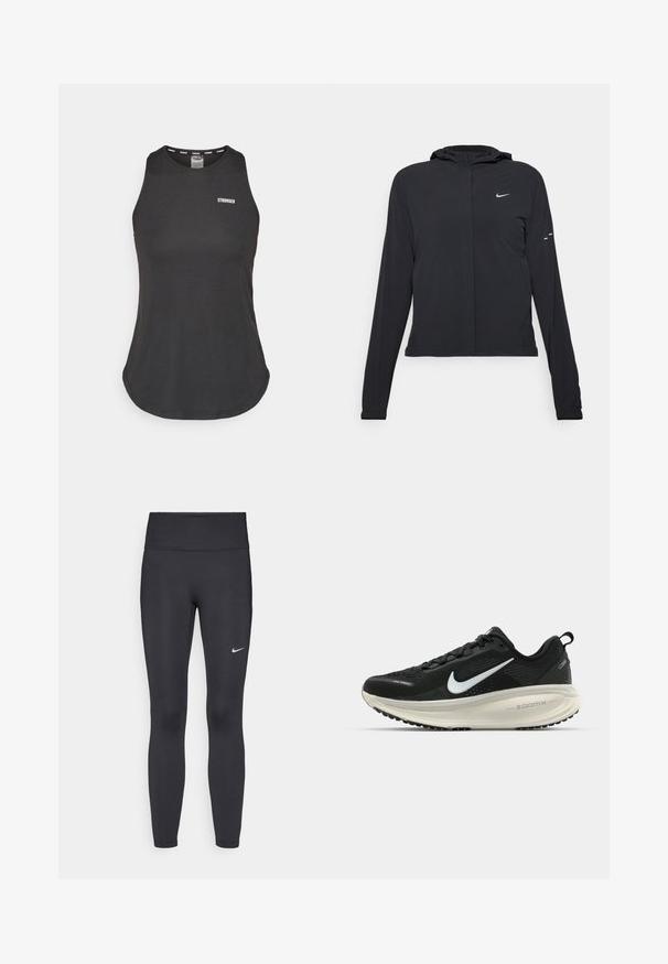 Svart huva jacka med långa ärmar, gjord av lätt material. Har en framdragare, en Nike-logotyp och subtila designelement.; Svart atletisk linne tillverkat av mjukt material, med rund halsringning och djup rygg. "STRONGER"-logotyp i vitt på framsidan.; Svarta leggings i elastiskt material, med hög midja och en vit Nike-logga på vänster lår. Slät textur, figurnära design.; Svart Nike löparsko med andningsbart mesh-ovandel, vit swoosh-logotyp, texturerad detaljering och en krämfärgad ZoomX-mellansula.