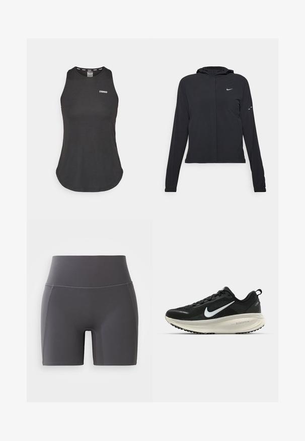 Svart hettegenser med lange ermer, laget av lett materiale. Har glidelås foran, Nike-logo og subtile design detaljer.; Svart atletisk tank topp laget av myk stoff, med rund hals og lav rygg. "STRONGER" logo i hvitt på fronten.; Grå treningsshorts med høy midje, laget av glatt, elastisk stoff. Har flatlock-sømmer og en tettsittende design.; Svart Nike løpesko med pustende mesh-overdel, hvit swoosh-logo, teksturert detaljer og en kremfarget ZoomX mellomsåle.