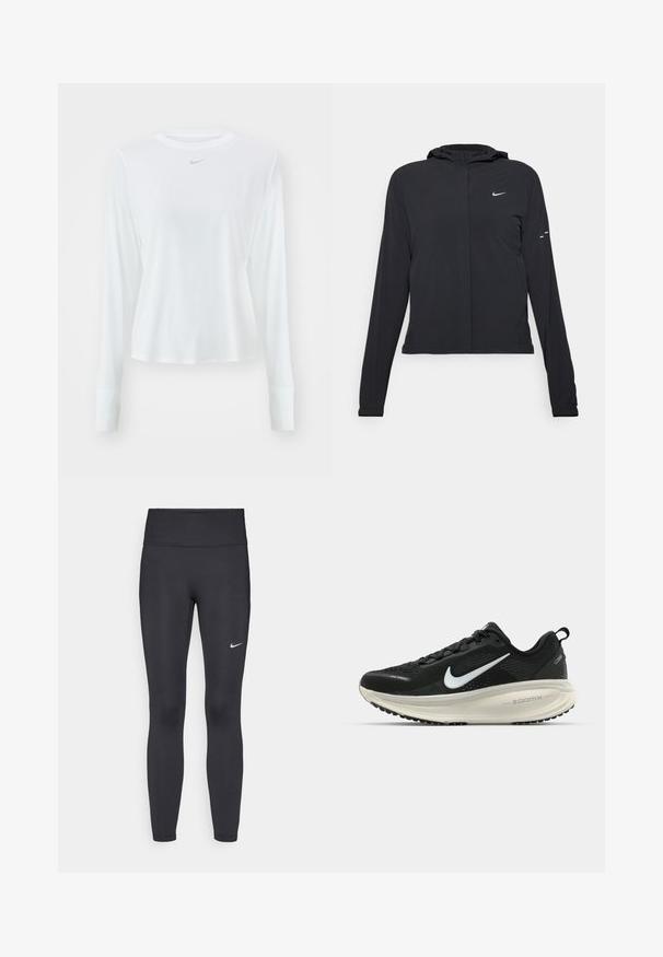 Black hooded jacket with long sleeves, made from lightweight material. Features a front zipper, a Nike logo, and subtle design accents.; Long-sleeve white athletic shirt made of lightweight material, featuring a rounded neckline and a small gray Nike logo on the chest.; Black leggings made of stretchy fabric, featuring a high waistband and a white Nike logo on the left thigh. Smooth texture, form-fitting design.; Black Nike running shoe with breathable mesh upper, white swoosh logo, textured detailing, and a cream-colored ZoomX midsole.