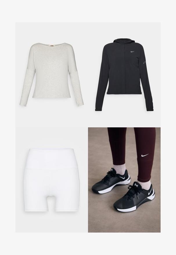 Črna kapuča s dolgimi rokavi, izdelana iz lahkega materiala. Ima sprednji zadrgo, logotip Nike in subtilne oblikovne detajle.; Svetlo siva majica s dolgimi rokavi in okroglem izrezu ter teksturirano tkanino. Rokavi so rahlo prilegajoči, dizajn pa je ohlapen in sproščen.; Bele visoke hlače iz raztegljivega materiala. Imajo gladko teksturo in oprijet obliko, brez dodatnih vzorcev ali kovinskih delov.; Črne športne čevlje z teksturirano zgornjimi deli in belimi akcenti, vključno z vezalkami in logotipom na strani. Oblečene z maroon legicami in svetlimi nogavicami.