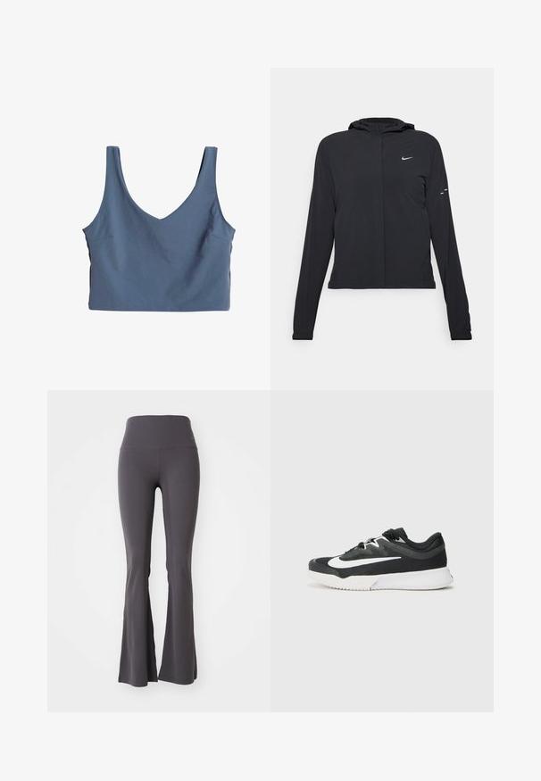 Crna jakna s kapuljačom i dugim rukavima, izrađena od laganog materijala. Ima prednji patentni zatvarač, Nike logo i suptilne dizajnerske detalje.; Plava kratka majica bez rukava s V-izrezom, izrađena od glatkog materijala. Ima široke naramenice i jedan detalj džepa sa strane.; Sive široke joga hlače napravljene od rastezljivog materijala. Visoki pojas i glatka tekstura, s prilagođenim dizajnom do širom dna.; Crne atletske tenisice s bijelim logotipom, gornji dio od teksturirane tkanine, vezivanje s vezicama, podstavljeni ovratnik i kontrastni bijeli potplat s uzorkom za prianjanje.
