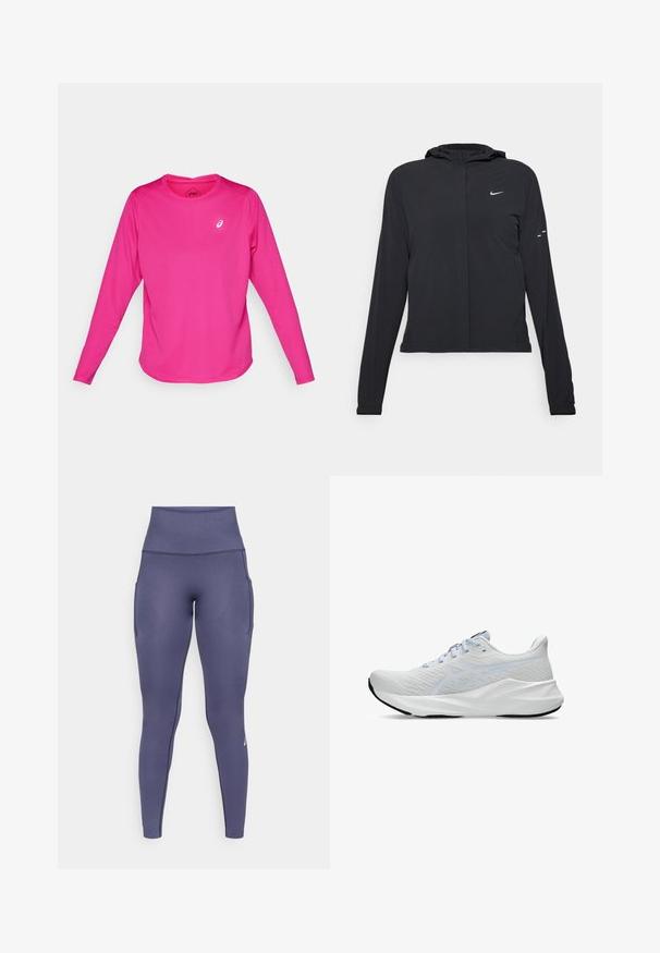 Black hooded jacket with long sleeves, made from lightweight material. Features a front zipper, a Nike logo, and subtle design accents.; Long-sleeve athletic shirt in bright pink, made of stretchy fabric. Features a round neckline and a small white logo on the chest.; High-waisted, seamless navy blue athletic leggings with side pockets and subtle textured pattern, designed for activewear.; White athletic sneakers with a breathable mesh upper, light blue accents, lace-up closure, bold logo detail, and textured sole for grip.