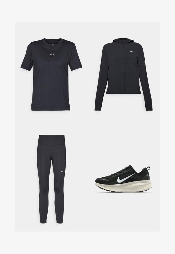 Must musta kapuutsiga jakk, millel on pikad varrukad ja mis on valmistatud kergetest materjalidest. Omab esitaskut, Nike logo ja kergelt silmatorkavaid disainiaktsente.; Must t-särk lühikeste varrukatega, must, valmistatud puuvillast, ümar kaelus, rinnal valge "Rapha." logo tikandina. Sile tekstuur.; Mustad mustadest leggingid, mis on valmistatud venivast kangast, kõrge vöökoha ja valge Nike logo abil vasakul reiel. Sile tekstuur, keha järgiv disain.; Musthave mustus Nike jooksujalats, millel on hingav võrgust ülemine osa, valge swoosh logo, tekstuuriga detailid ja kreemja värvusega ZoomX vahevöö.