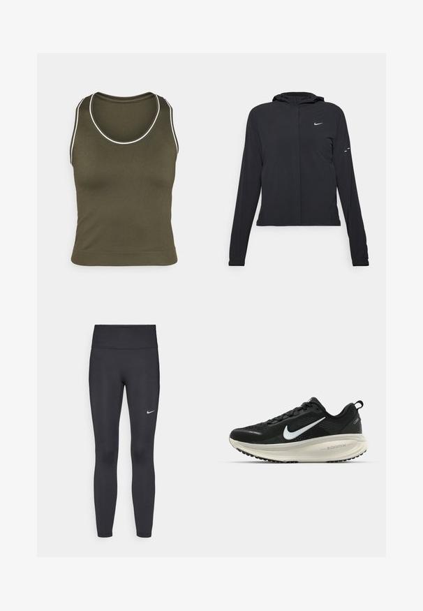 Černá kapucňová bunda s dlouhými rukávy, vyrobená z lehkého materiálu. Obsahuje přední zip, logo Nike a decentní designové akcenty.; Zelená olivová tílko s kulatým výstřihem a bílým kontrastním stehem. Vyrobeno z hladkého, elastického materiálu, s přiléhavým designem.; Černé legíny vyrobené z elastického materiálu, s vysokým pasem a bílým logem Nike na levém stehně. Hladká textura, přiléhavý střih.; Černá běžecká obuv Nike s prodyšným síťovaným svrškem, bílým logem swoosh, texturovanými detaily a krémovou mezipodešví ZoomX.
