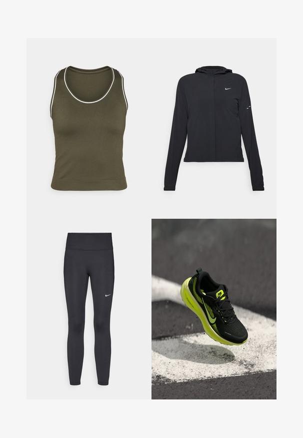 Casaco preto com capuz e mangas longas, feito de material leve. Apresenta um fecho dourado na frente, um logótipo da Nike e detalhes de design subtis.; Camisola sem mangas verde-azeitona com um decote redondo e costuras brancas em destaque. Feita de um tecido liso e elástico, com um design justo.; Leggings pretos feitos de tecido elástico, com uma cintura alta e um logo branco da Nike na coxa esquerda. Textura suave, design ajustado ao corpo.; Tênis de corrida preto com detalhes amarelos, parte superior em malha, padrão texturizado e logótipo da marca em destaque. Sola leve de espuma para amortecimento.