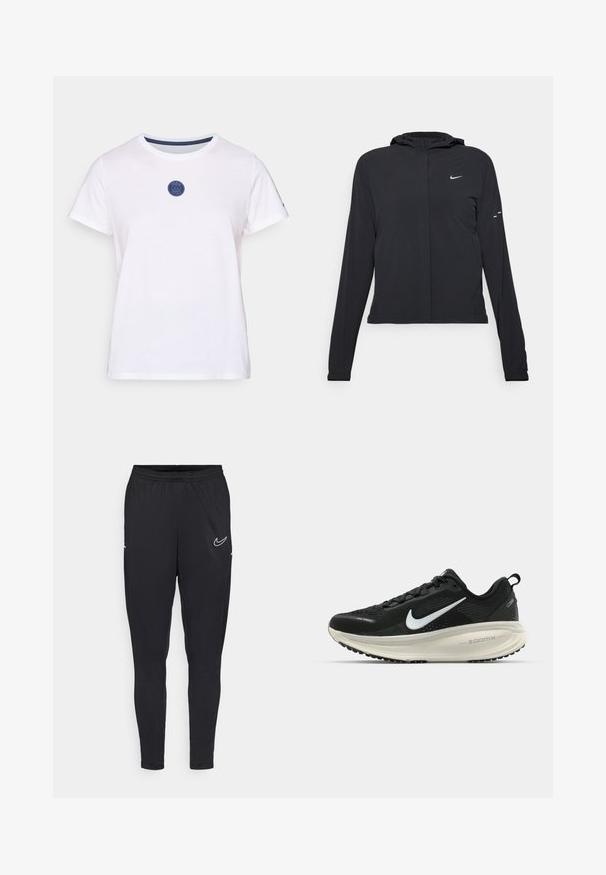 Svart huva jacka med långa ärmar, gjord av lätt material. Har en framdragare, en Nike-logotyp och subtila designelement.; Vit bomull t-shirt med korta ärmar, med rund hals och en blå cirkulär logotypdesign på bröstet. Slät textur.; Svarta träningsbyxor i lättviktsmaterial med elastisk midja, figursydd design och en vit Nike-logga på låret.; Svart Nike löparsko med andningsbart mesh-ovandel, vit swoosh-logotyp, texturerad detaljering och en krämfärgad ZoomX-mellansula.