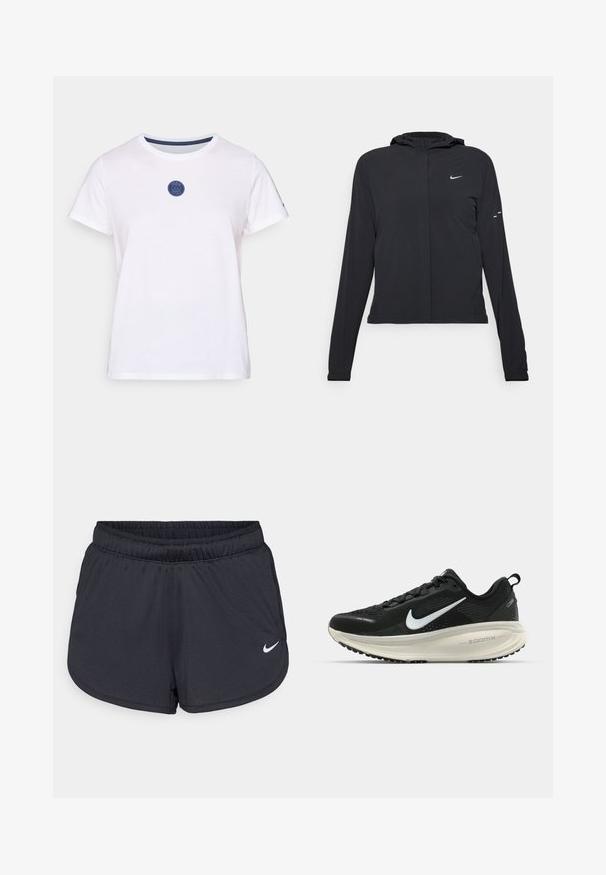 Črna kapuča s dolgimi rokavi, izdelana iz lahkega materiala. Ima sprednji zadrgo, logotip Nike in subtilne oblikovne detajle.; Bela bavlnena majica s kratkimi rokavi, s krožnim izrezom in modrim okroglim logotipom na prsih. Gladka tekstura.; Črne športne hlače iz lahkega, zračnega materiala. Imajo elastični pas in belo Nike logotip na spodnji desni strani.; Črne Nike tekaške čevlje z zračno mrežno zgornjim delom, belim logotipom Swoosh, teksturiranimi detajli in smetanasto barvnim srednjim delom ZoomX.