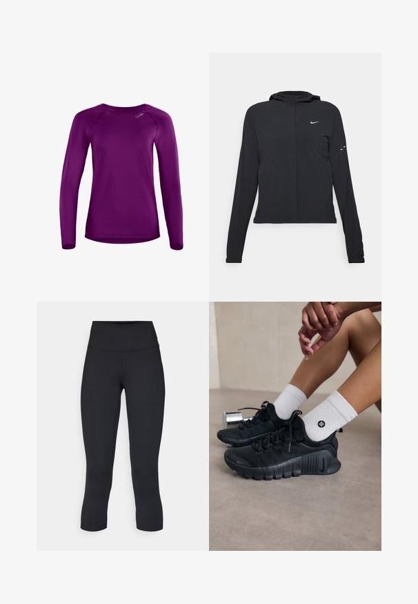 Fekete kapucnis dzseki hosszú ujjakkal, könnyű anyagból készült. Elülső cipzárral, Nike logóval és diszkrét dizájn elemekkel rendelkezik.; Hosszú ujjú, sima anyagból készült lila ing, kerek nyakkivágással és raglán ujjakkal. A elején egy kis márkajelzés található.; Fekete, rövidített leggings elasztikus anyagból, magas derékkal és sima textúrával, látható minták vagy fémalkatrészek nélkül.; Fekete sportcipők texturált anyagból, fűzős kialakítással és hangsúlyos talppal, fehér bordás zoknikkal párosítva, melyek kis logóval rendelkeznek.