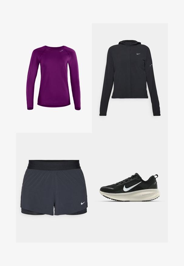 Mustassa hupparissa on pitkät hihat, ja se on valmistettu kevyestä materiaalista. Siinä on edessä vetoketju, Nike-logo ja hillityt muotoiluyksityiskohdat.; Pitkähihaisessa purppurapaidassa on sileä kangas, pyöreä pääntie ja raglan-hihat. Paidassa on pieni brändin logo edessä.; Mustat urheilushortsit, joissa on joustava vyötärö. Shortseissa on kerroksellinen muotoilu ja pieni valkoinen Nike-logo vasemmassa alareunassa. Kevyt materiaali.; Mustat Nike-juoksukengät, joissa on hengittävä verkko-osa, valkoinen swoosh-logo, teksturoitu yksityiskohtaus ja kermaisen värinen ZoomX-välipohja.