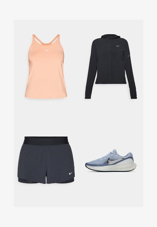 Čierna kapucňová bunda s dlhou rukávou, vyrobená z ľahkého materiálu. Má predný zips, logo Nike a jemné dizajnové akcenty.; Nike športový top v broskyňovej farbe, vyrobený z hladkého materiálu. Má okrúhly výstrih, široké ramienka a malé biele logo.; Čierne športové šortky s elastickým pásom, ktoré majú vrstvený dizajn a malú bielu aplikáciu loga Nike v dolnom ľavom rohu. Ľahký materiál.; Svetlomodré a biele bežecké topánky Nike so strieborným Swooshom, priedušný sieťovaný zvršok, odpružená podrážka a čierny vzor na vonkajšej podrážke.