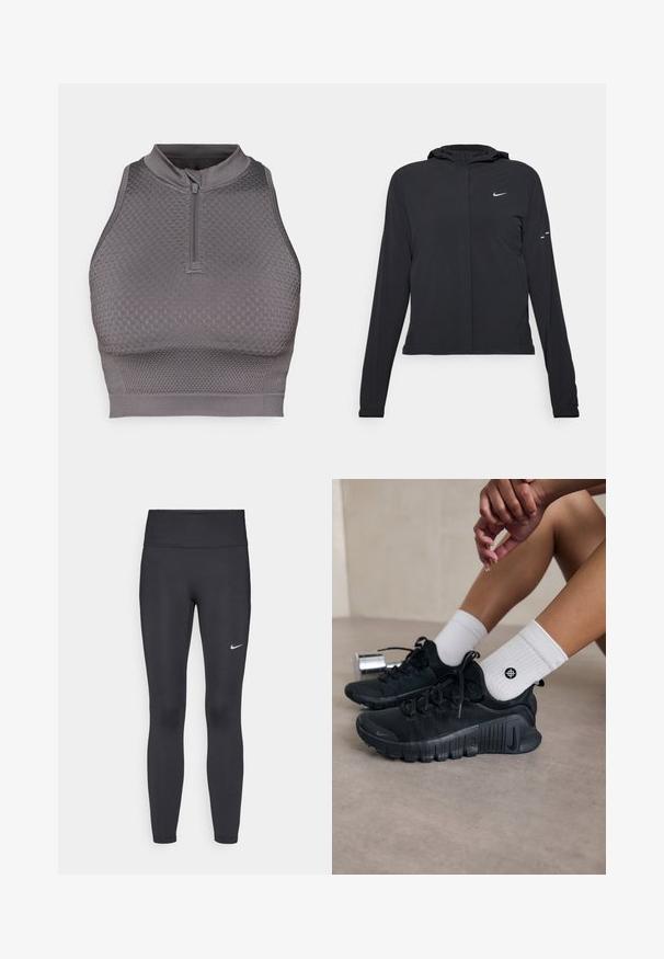 Sort hættetrøje med lange ærmer, lavet af letvægtsmateriale. Har en frontlynlås, et Nike-logo og subtile designaccenter.; Grå atletisk crop top med lynlås i halsen, struktureret mønster, tætsiddende design og en glat finish ved kanten og armhulen.; Sorte leggings lavet af strækbart stof, med en høj talje og et hvidt Nike-logo på venstre lår. Glat tekstur, tætsiddende design.; Sorte træningssko med struktureret stof, snørebåndsdesign og en markant sål, parret med hvide ribbede sokker med et lille logo.