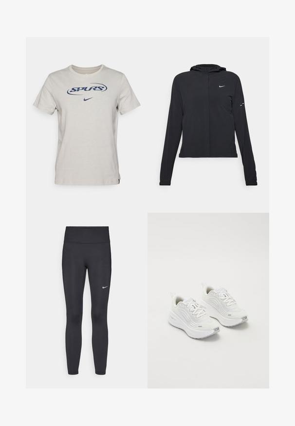 Czarna kurtka z kapturem, z długimi rękawami, wykonana z lekkiego materiału. Posiada zamek błyskawiczny z przodu, logo Nike oraz subtelne akcenty wzornicze.; Jasnoszara bawełniana koszulka z granatowym logo "SPURS" oraz małym swooshem Nike. Standardowy okrągły dekolt i krótkie rękawy.; Czarne legginsy z elastycznego materiału, z wysokim pasem i białym logo Nike na lewym udzie. Gładka tekstura, dopasowany krój.; Białe buty sportowe z teksturowaną siateczką u góry, amortyzowana podeszwa i subtelne szare akcenty. Zawierają logo i pętlę z tyłu dla łatwego zakładania.