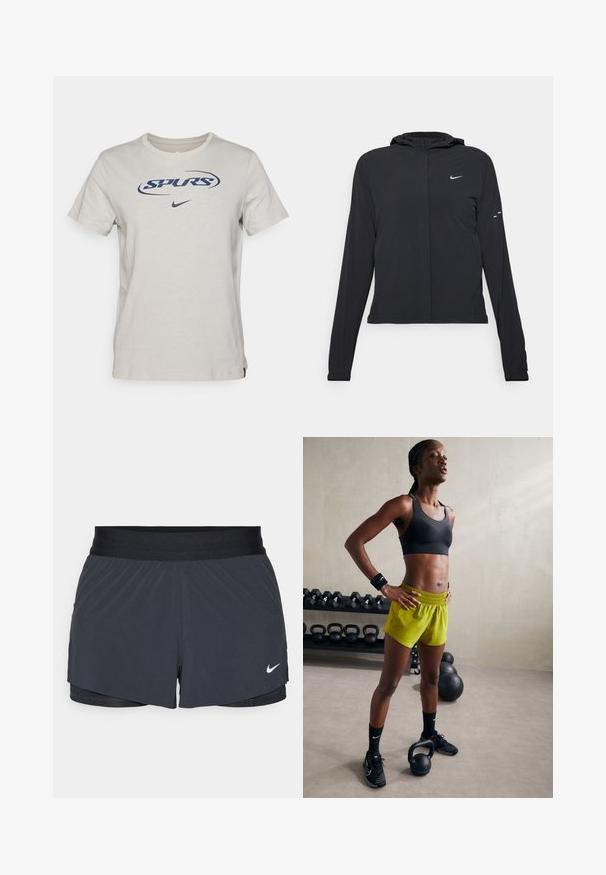 Casaco preto com capuz e mangas longas, feito de material leve. Apresenta um fecho dourado na frente, um logótipo da Nike e detalhes de design subtis.; T-shirt de algodão cinza claro com o logótipo "SPURS" em azul marinho e uma pequena swoosh da Nike. Decote redondo padrão e mangas curtas.; Calças curtas de atletismo pretas com um cós elástico, apresentando um design em camadas e um pequeno logótipo da Nike em branco no canto inferior esquerdo. Material leve.; Sutiã desportivo preto, calções amarelos brilhantes com cintura elástica, sapatos de atletismo pretos e pulseiras, de pé ao lado de kettlebells.