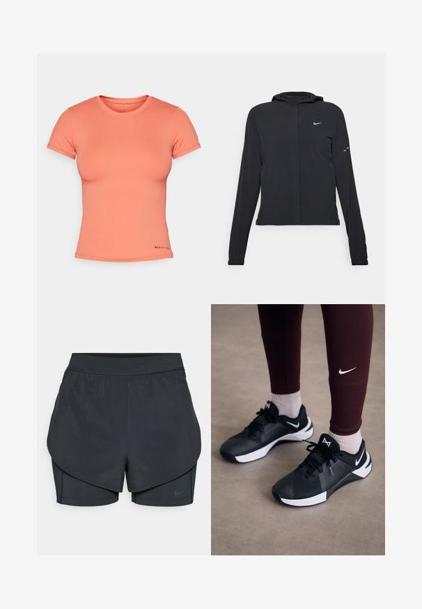 Casaco preto com capuz e mangas longas, feito de material leve. Apresenta um fecho dourado na frente, um logótipo da Nike e detalhes de design subtis.; T-shirt cor-de-coral de manga curta, feito de tecido liso e elástico. Design de gola redonda com um detalhe de logotipo no canto inferior esquerdo.; Calções desportivos pretos com um design em camadas, apresentando uma camada exterior suave e calções interiores ajustados. Feitos de um tecido leve e elástico.; Ténis atléticos pretos com um upper texturizado e detalhes brancos, apresentando atacadores e um logo lateral. Usados com leggings cor-de-vinho e meias claras.