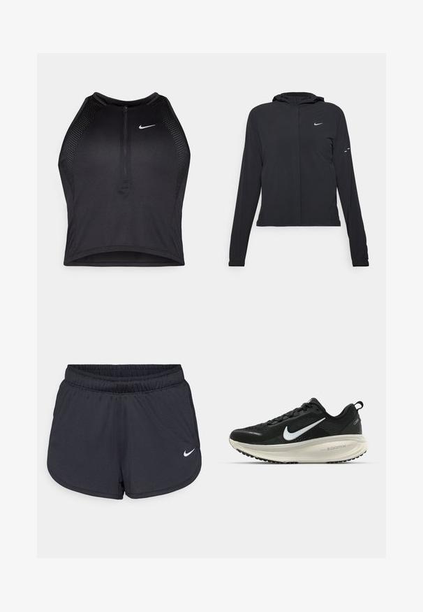Schwarze Kapuzenjacke mit langen Ärmeln, aus leichtem Material gefertigt. Sie hat einen vorderen Reißverschluss, ein Nike-Logo und dezente Designelemente.; Schwarzes sportliches Crop-Top mit Reißverschluss vorne, Netz-Akzenten und figurnaher Passform. Hergestellt aus dehnbarem, atmungsaktivem Material. Nike-Logo auf der Vorderseite.; Schwarze Sportshorts aus leichtem, atmungsaktiven Material. Mit elastischem Bund und weißem Nike-Logo auf der unteren rechten Seite.; Schwarzer Nike-Laufschuh mit atmungsaktivem Mesh-Obermaterial, weißem Swoosh-Logo, strukturierten Details und einer cremefarbenen ZoomX-Zwischensohle.