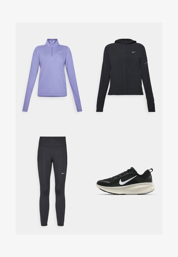 Zwarte kaptrui met lange mouwen, gemaakt van lichtgewicht materiaal. Voorzien van een ritssluiting aan de voorkant, een Nike-logo en subtiele ontwerpelementen.; Paarse langemouwtop met een halve ritskraag, voorzien van een Nike-logo op de borst. Gemaakt van zacht, glad materiaal met een slim fit ontwerp.; Zwarte legging van rekbare stof met een hoge tailleband en een wit Nike-logo op de linkerdij. Gladde textuur, aansluitend ontwerp.; Zwarte Nike hardloopschoen met ademend mesh bovenwerk, witte swoosh-logo, gestructureerde details en een crèmekleurige ZoomX middenzool.