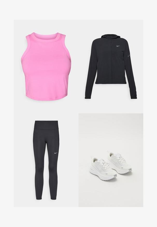 Černá kapucňová bunda s dlouhými rukávy, vyrobená z lehkého materiálu. Obsahuje přední zip, logo Nike a decentní designové akcenty.; Růžový crop top s vysokým výstřihem a bezrukávovým designem. Vyrobeno z hladké, elastické tkaniny bez viditelných vzorů nebo kovových prvků.; Černé legíny vyrobené z elastického materiálu, s vysokým pasem a bílým logem Nike na levém stehně. Hladká textura, přiléhavý střih.; Bílé sportovní boty s texturovaným síťovým svrškem, polstrovanou podešví a jemnými šedými akcenty. Obsahují branding a smyčku na patě pro snadné obouvání.