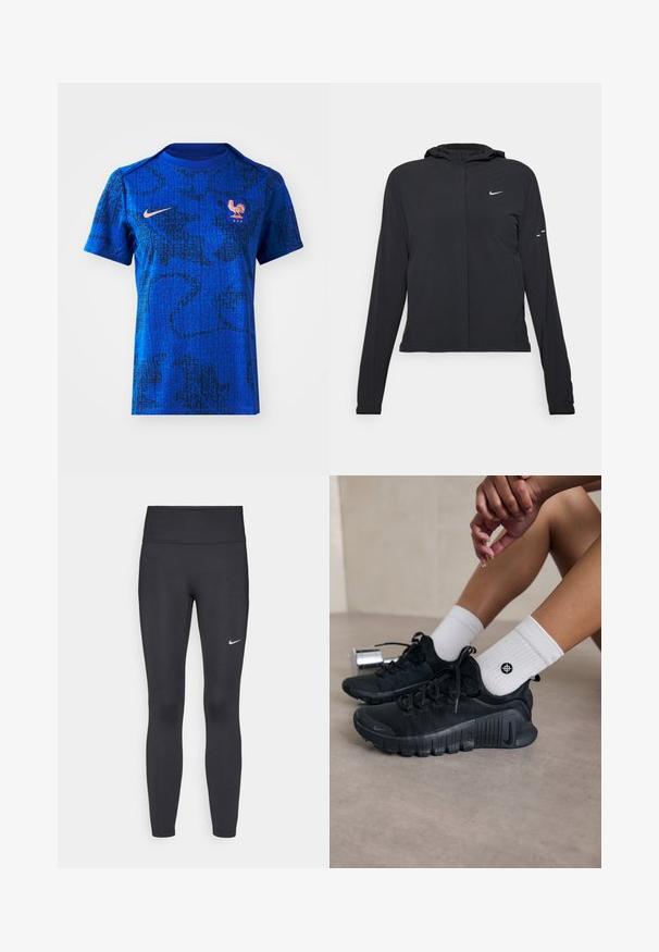 Chaqueta negra con capucha y mangas largas, hecha de un material ligero. Presenta un cierre frontal, un logo de Nike y acentos de diseño sutiles.; Camiseta azul de Nike con un patrón texturizado en negro, mangas cortas y cuello redondo. Incluye un emblema de gallo y un detalle de "FFF".; Leggings negras de tela elástica, con una cintura alta y un logo blanco de Nike en el muslo izquierdo. Textura suave, diseño ajustado.; Zapatillas deportivas negras con tejido texturizado, diseño de cordones y una suela prominente, combinadas con calcetines blancos de canalé que presentan un pequeño logo.