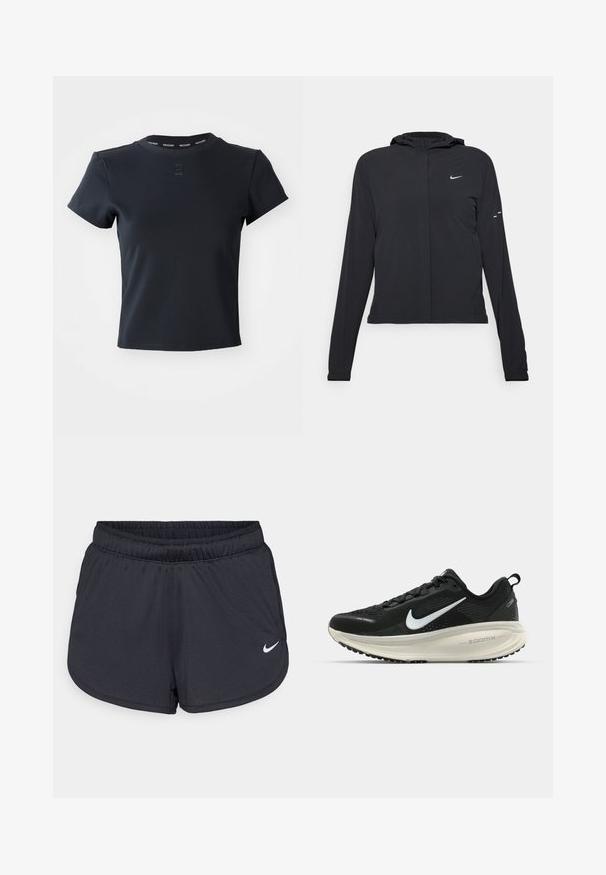 Black hooded jacket with long sleeves, made from lightweight material. Features a front zipper, a Nike logo, and subtle design accents.; Black short-sleeve T-shirt made from a smooth, stretchy material. Features a crew neck with "NIKECOURT" branding at the collar.; Black athletic shorts made of lightweight, breathable fabric. Features an elastic waistband and white Nike logo on the lower right side.; Black Nike running shoe with breathable mesh upper, white swoosh logo, textured detailing, and a cream-colored ZoomX midsole.