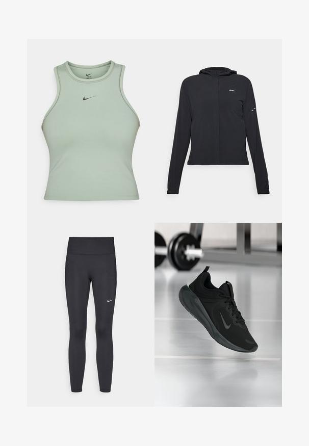 Svart huva jacka med långa ärmar, gjord av lätt material. Har en framdragare, en Nike-logotyp och subtila designelement.; Ljusgrön ärmlös atletisk tanktop i slät tyg. Har en liten svart Nike-logga på framsidan och subtila sömdetaljer.; Svarta leggings i elastiskt material, med hög midja och en vit Nike-logga på vänster lår. Slät textur, figurnära design.; Svarta sportskor med Nike-logotyp, visade mitt i luften på gymgolvet, med en suddig hantelställning i bakgrunden.
