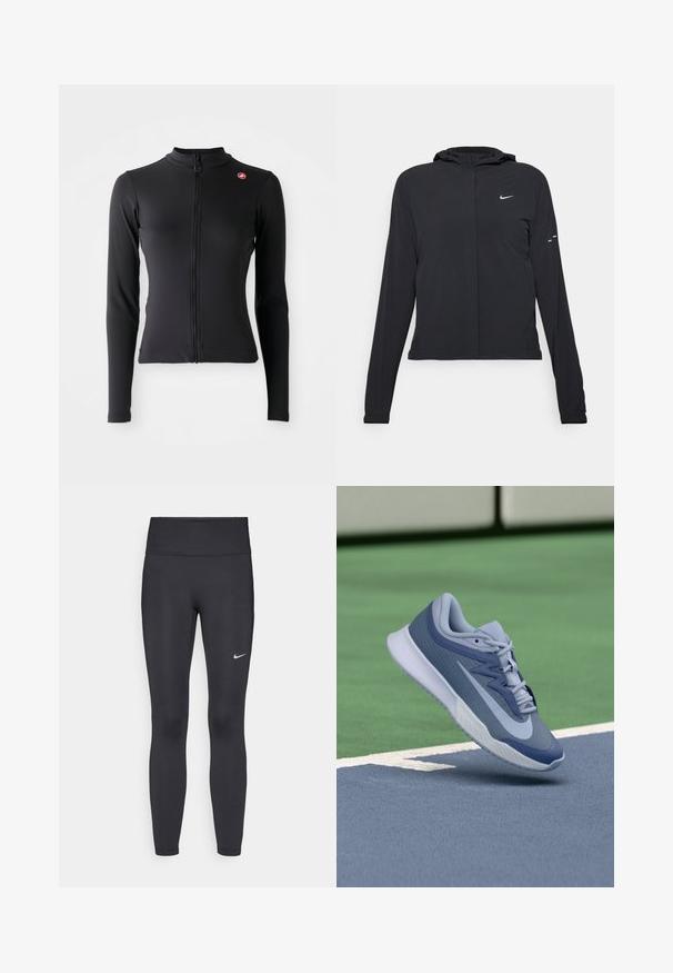 Juodas gobtuvas striukė su ilgomis rankovėmis, pagaminta iš lengvo audinio. Pasižymi priekiniais užtrauktukais, Nike logotipu ir subtiliais dizaino akcentais.; Juodas ilgomis rankovėmis prigludęs švarkas su priekiniais užtrauktukais ir mažuoju raudonu apskritimu logotipu ant kairiojo krūtinės kampo, demonstruojamas baltame fone.; Juodi leggingai iš elastingos medžiagos, turintys aukštą juosmenį ir baltą Nike logotipą kairėje šlaunyje. Lygus paviršius, prigludusi dizainas.; Sportiniai batai šviesiai mėlynos ir tamsiai mėlynos spalvos, su tekstūruota viršutine dalimi, plokščiomis raišteliais ir lengva balta padu. Pakelti virš aikštelės paviršiaus.