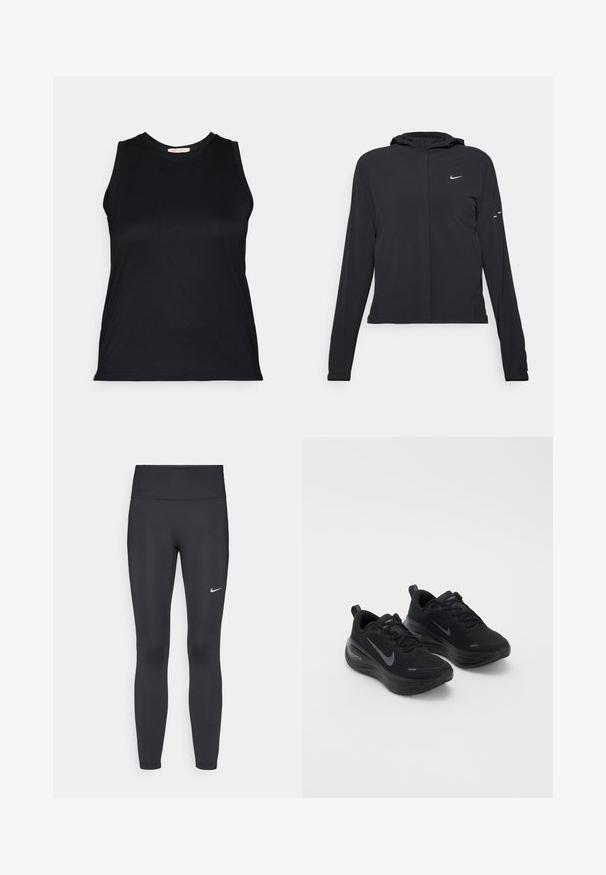 Casaco preto com capuz e mangas longas, feito de material leve. Apresenta um fecho dourado na frente, um logótipo da Nike e detalhes de design subtis.; Top sem mangas preto em um tecido liso e elástico, com decote redondo e design ajustado, apresentando linhas limpas e sem hardware visível.; Leggings pretos feitos de tecido elástico, com uma cintura alta e um logo branco da Nike na coxa esquerda. Textura suave, design ajustado ao corpo.; Sapatilhas desportivas pretas com um cabedal texturizado, design com atacadores e uma sola grossa e acolchoada. Apresenta um logótipo da Nike em cinza de cada lado.