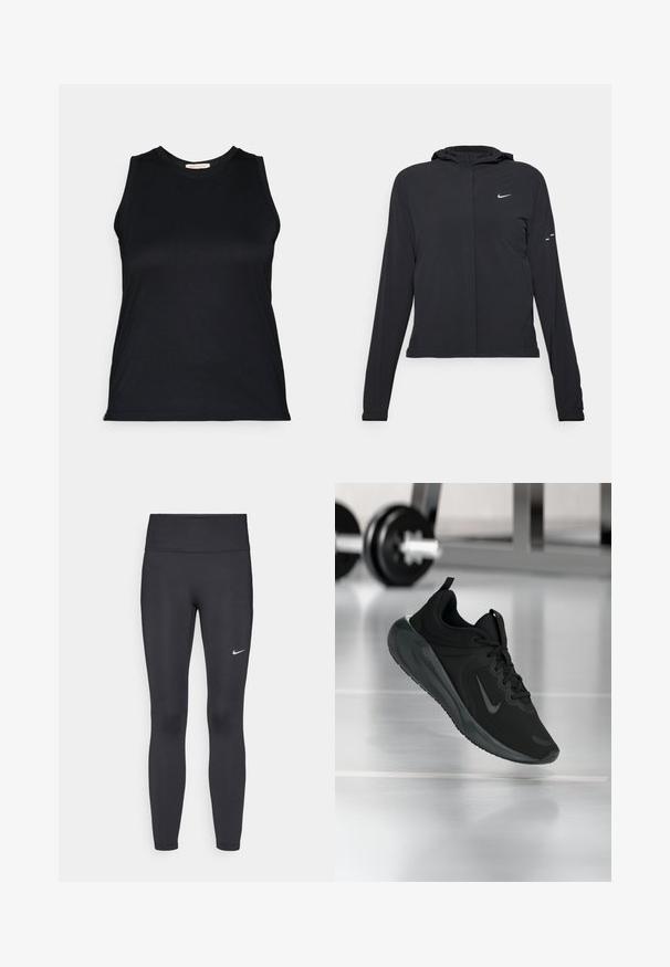 Zwarte kaptrui met lange mouwen, gemaakt van lichtgewicht materiaal. Voorzien van een ritssluiting aan de voorkant, een Nike-logo en subtiele ontwerpelementen.; Zwarte mouwloze top van een gladde, rekbare stof met een ronde hals en een aansluitend ontwerp, met schone lijnen en geen zichtbare hardware.; Zwarte legging van rekbare stof met een hoge tailleband en een wit Nike-logo op de linkerdij. Gladde textuur, aansluitend ontwerp.; Zwarte sportsneaker met Nike-logo, weergegeven in de lucht boven de gymvloer, met een vervaagde halterrek op de achtergrond.