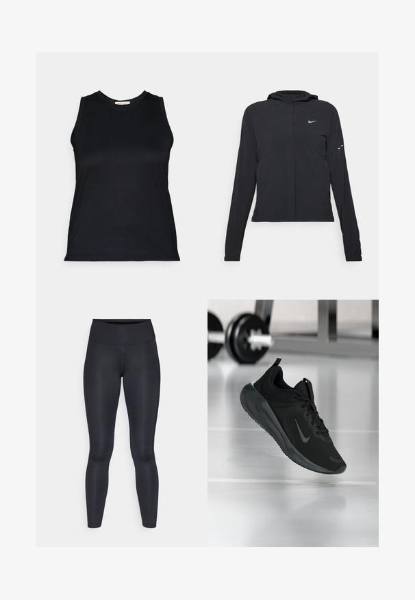 Casaco preto com capuz e mangas longas, feito de material leve. Apresenta um fecho dourado na frente, um logótipo da Nike e detalhes de design subtis.; Top sem mangas preto em um tecido liso e elástico, com decote redondo e design ajustado, apresentando linhas limpas e sem hardware visível.; Leggings pretas feitos de um tecido liso e elástico. Cintura alta sem padrões ou detalhes visíveis. Ajustam-se de forma justa da cintura até os tornozelos.; Sapatilha desportiva preta com o logotipo da Nike, mostrada em pleno ar sobre o chão do ginásio, com um suporte de halteres desfocado ao fundo.