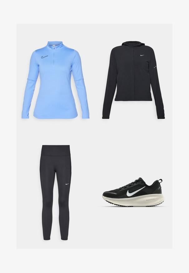 Melnā kapuci jaka ar garām piedurknēm, izgatavota no viegla materiāla. Tam ir priekšējais rāvējslēdzis, Nike logo un smalki dizaina akcenti.; Nike Performance NIKE ACADEMY23 DRIL TOP BRANDED - Tops ar garām piedurknēm - royal pulse/vintage green; Melnas legingi, izgatavoti no elastīga auduma, ar augstu jostu un baltu Nike logotipu kreisajā augšstilbā. Gluda tekstūra, piegulošs dizains.; Melnas Nike skriešanas kurpes ar elpojošu acs augšdaļu, baltu Swoosh logotipu, strukturētu apdari un krēmkrāsas ZoomX starpsole.