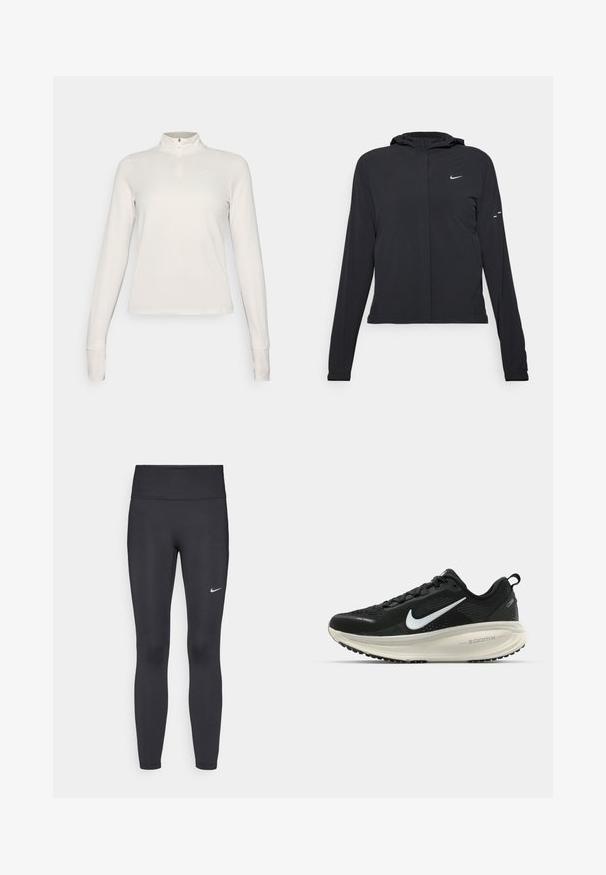 Svart hettegenser med lange ermer, laget av lett materiale. Har glidelås foran, Nike-logo og subtile design detaljer.; Langermet, glidelås-i-halsen topp i lys beige. Glatt, teksturert stoff med en tettsittende design. Har en liten logo på venstre bryst.; Sorte leggings laget av elastisk stoff, med høy livlinje og en hvit Nike-logo på venstre lår. Glatt tekstur, kroppsnær passform.; Svart Nike løpesko med pustende mesh-overdel, hvit swoosh-logo, teksturert detaljer og en kremfarget ZoomX mellomsåle.