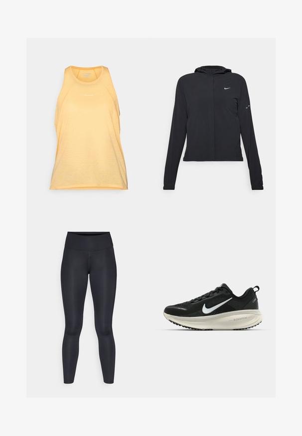 Svart huva jacka med långa ärmar, gjord av lätt material. Har en framdragare, en Nike-logotyp och subtila designelement.; Gul sportstopp i anda tyg. Har rund halsringning, är ärmlös och har en subtil struktur. Varumärkeslogotypen visas.; Svarta leggings gjorda av ett smidigt, elastiskt tyg. Hög midja utan synliga mönster eller detaljer. Sitter tätt från midjan till anklarna.; Svart Nike löparsko med andningsbart mesh-ovandel, vit swoosh-logotyp, texturerad detaljering och en krämfärgad ZoomX-mellansula.