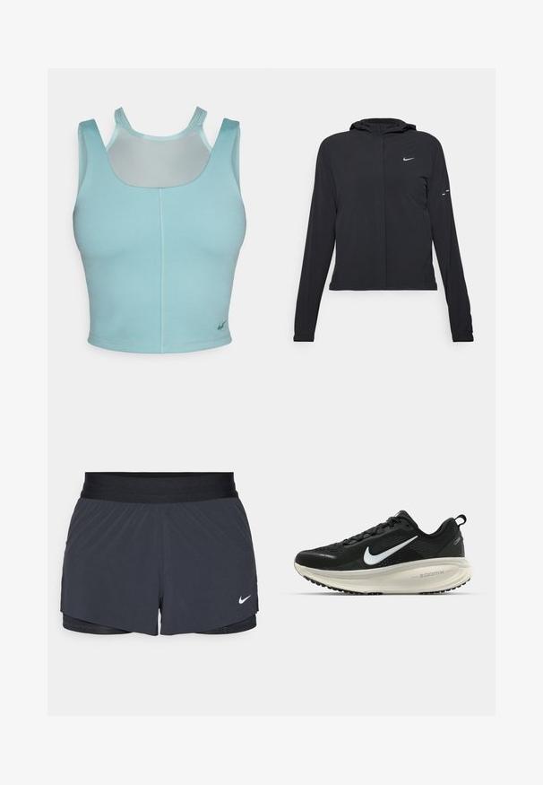 Czarna kurtka z kapturem, z długimi rękawami, wykonana z lekkiego materiału. Posiada zamek błyskawiczny z przodu, logo Nike oraz subtelne akcenty wzornicze.; Jasnoniebieski sportowy top z krótkim rękawem, o okrągłym dekolcie, szerokich ramiączkach i siateczkowej wstawce na plecach; posiada małe logo na końcu.; Czarne szorty sportowe z elastycznym pasem, o warstwowej konstrukcji i małym białym logo Nike na dolnym lewym boku. Wykonane z lekkiego materiału.; Czarna biegowa półbut z oddychającej siateczki, białym logo swoosh, teksturowanymi detalami oraz kremową podeszwą środkową ZoomX.