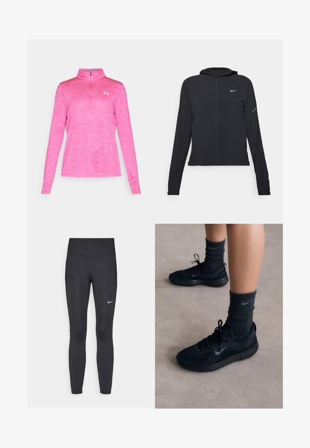 Sort hættetrøje med lange ærmer, lavet af letvægtsmateriale. Har en frontlynlås, et Nike-logo og subtile designaccenter.; Lyserød langærmet atletisk pullover med halv-lynlås og hvidt Under Armour-logo på venstre bryst, vist på en ensfarvet hvid baggrund.; Sorte leggings lavet af strækbart stof, med en høj talje og et hvidt Nike-logo på venstre lår. Glat tekstur, tætsiddende design.; Sorte Nike sneakers med en tekstureret strikoverdel, featuring et gråt swoosh-logo, parret med mørke ribbede sokker. Flad gummisål.