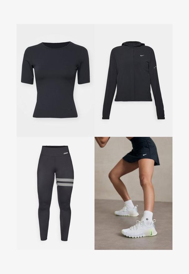 Melnā kapuci jaka ar garām piedurknēm, izgatavota no viegla materiāla. Tam ir priekšējais rāvējslēdzis, Nike logo un smalki dizaina akcenti.; Melnā īsā piedurkne augšdaļa ar pielāgotu dizainu, izgatavota no gludas auduma ar apaļu kakla izgriezumu un subtilu zīmolu uz apakšmala.; Melni augstās sporta bikses ar divām baltām diagonālām svītrām labajā augšstilbā un mazu "STRONGER" logotipu jostasvietā.; Balti sporta apavi ar teksturētu virsmu, neona zaļiem akcentiem un izteiksmīgu Nike logotipu. Valkāti ar baltām potīšu zeķēm.