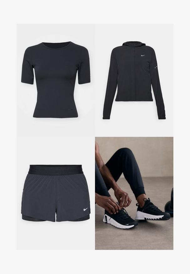 Must musta kapuutsiga jakk, millel on pikad varrukad ja mis on valmistatud kergetest materjalidest. Omab esitaskut, Nike logo ja kergelt silmatorkavaid disainiaktsente.; Must tumedega lühikese varrukaga topp, mis on valmistatud siledast kangast, kitsas lõige, ümar kaelus ja diskreetne bränding allääres.; Mustad must sportlikud lühikesed püksid, millel on elastne vöökoht, kihiline disain ja väike valge Nike logo vasakul all. Kerge materjal.; Mustad mustriga mustad spordijalatsid, valge tald ja kummine tallaosa. Paelad on seotud, näidates šikki disaini ja logo.