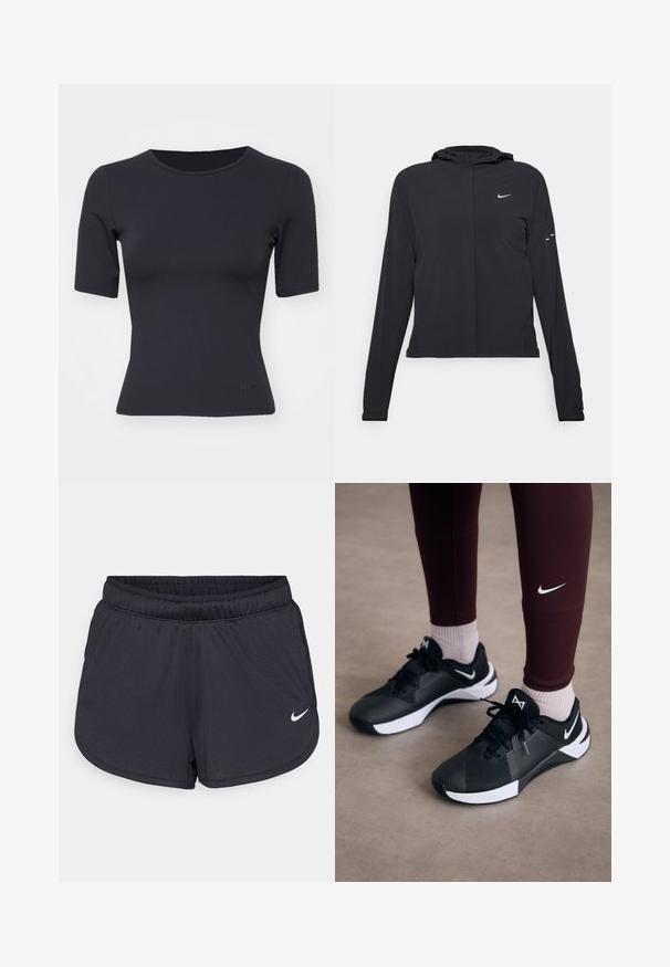 Zwarte kaptrui met lange mouwen, gemaakt van lichtgewicht materiaal. Voorzien van een ritssluiting aan de voorkant, een Nike-logo en subtiele ontwerpelementen.; Zwart kortemouwtop in een aansluitend ontwerp, gemaakt van zachte stof met een ronde halslijn en subtiele branding aan de zoom.; Zwarte sportieve shorts van lichtgewicht, ademend materiaal. Voorzien van een elastische tailleband en een wit Nike-logo aan de rechteronderzijde.; Zwarte sportieve schoenen met een gestructureerde bovenkant en witte accenten, voorzien van veters en een zijlogo. Dragen met bordeauxrode leggings en lichte sokken.