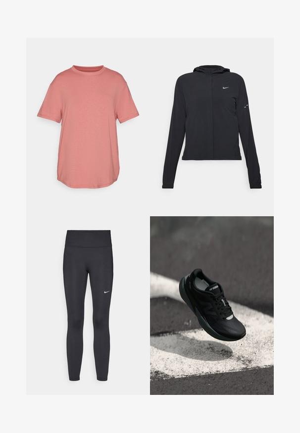 Svart hettegenser med lange ermer, laget av lett materiale. Har glidelås foran, Nike-logo og subtile design detaljer.; Nike Performance ONE RELAXED TOP - T-skjorte til trening - canyon pink/black; Sorte leggings laget av elastisk stoff, med høy livlinje og en hvit Nike-logo på venstre lår. Glatt tekstur, kroppsnær passform.; Svart løpesko med teksturert overdel, slank design og reflekterende detaljer. Har en myk, polstret såle for komfort.