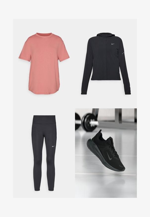 Casaco preto com capuz e mangas longas, feito de material leve. Apresenta um fecho dourado na frente, um logótipo da Nike e detalhes de design subtis.; Nike Performance ONE RELAXED TOP - T-shirt desportiva - canyon pink/black; Leggings pretos feitos de tecido elástico, com uma cintura alta e um logo branco da Nike na coxa esquerda. Textura suave, design ajustado ao corpo.; Sapatilha desportiva preta com o logotipo da Nike, mostrada em pleno ar sobre o chão do ginásio, com um suporte de halteres desfocado ao fundo.