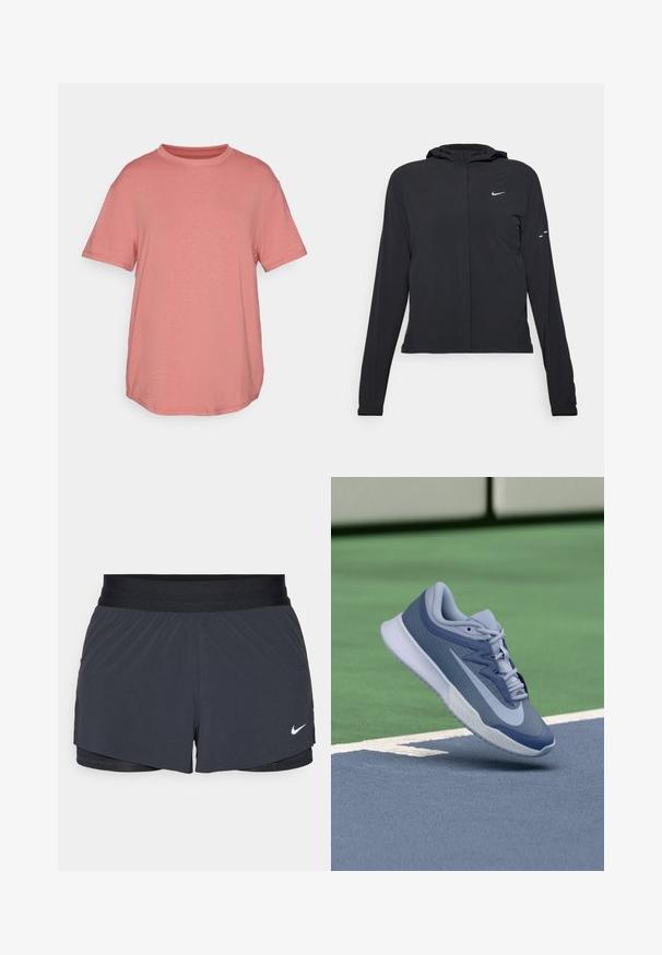 Črna kapuča s dolgimi rokavi, izdelana iz lahkega materiala. Ima sprednji zadrgo, logotip Nike in subtilne oblikovne detajle.; Nike Performance ONE RELAXED TOP - Športne majice - canyon pink/black; Črne atletske kratke hlače z elastičnim pasom, ki imajo plastičen dizajn in majhen bel Nike logotip na spodnji levi strani. Lahkoten material.; Športni copat v svetlo modri in mornarski barvi, z teksturirano zgornjim delom, ravnimi vezalkami in lahko belo podplatom. Dvigovan nad igrališčem.