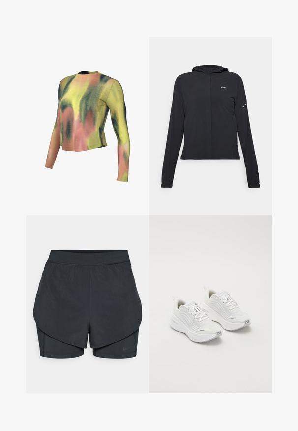 Fekete kapucnis dzseki hosszú ujjakkal, könnyű anyagból készült. Elülső cipzárral, Nike logóval és diszkrét dizájn elemekkel rendelkezik.; Hosszú ujjú, rövid fazonú felső batikolásos mintával, zöld, sárga és rózsaszín árnyalatokkal. Puha anyagból készült, kerek nyakkivágással és karcsú fazonnal.; Fekete sportnadrág réteges kialakítással, sima külső résszel és illeszkedő belső nadrággal. Könnyű, rugalmas anyagból készült.; Fehér sportcipő, texturált hálós felsőrésszel, párnázott talppal és diszkrét szürke díszítésekkel. Tartalmazza a márkázást és a könnyű felhúzást segítő hurkot a sarokrészen.