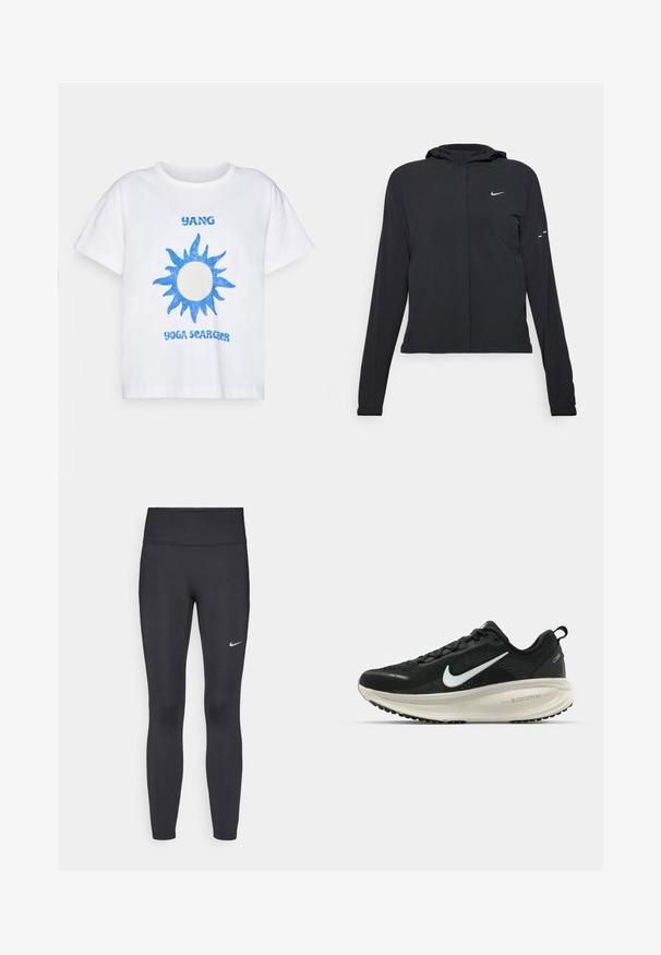 Melnā kapuci jaka ar garām piedurknēm, izgatavota no viegla materiāla. Tam ir priekšējais rāvējslēdzis, Nike logo un smalki dizaina akcenti.; Balta kokvilnas T-kreklā ar zila mirdzoša saules grafiku un tekstu "YANG YOGA SEARCHER" zilā fontā. Īsas piedurknes un brīva piegriezuma.; Melnas legingi, izgatavoti no elastīga auduma, ar augstu jostu un baltu Nike logotipu kreisajā augšstilbā. Gluda tekstūra, piegulošs dizains.; Melnas Nike skriešanas kurpes ar elpojošu acs augšdaļu, baltu Swoosh logotipu, strukturētu apdari un krēmkrāsas ZoomX starpsole.