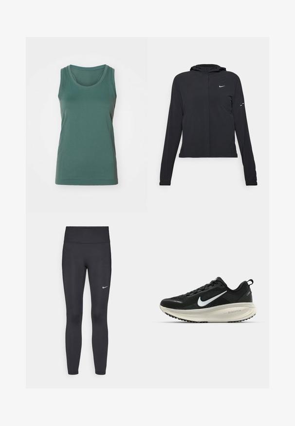 Svart huva jacka med långa ärmar, gjord av lätt material. Har en framdragare, en Nike-logotyp och subtila designelement.; Mörkgrön, ärmlös linne med rundad halsringning. Tillverkad av ett mjukt, elastiskt tyg med platta sömmar och en figurnära design.; Svarta leggings i elastiskt material, med hög midja och en vit Nike-logga på vänster lår. Slät textur, figurnära design.; Svart Nike löparsko med andningsbart mesh-ovandel, vit swoosh-logotyp, texturerad detaljering och en krämfärgad ZoomX-mellansula.