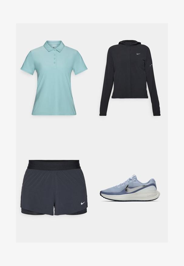 Czarna kurtka z kapturem, z długimi rękawami, wykonana z lekkiego materiału. Posiada zamek błyskawiczny z przodu, logo Nike oraz subtelne akcenty wzornicze.; Jasnoniebieska koszulka polo z guzikami, krótkimi rękawami i klasycznym kołnierzykiem. Wykonana z gładkiego, lekkiego materiału. Logo Nike na kołnierzyku.; Czarne szorty sportowe z elastycznym pasem, o warstwowej konstrukcji i małym białym logo Nike na dolnym lewym boku. Wykonane z lekkiego materiału.; Jasnoniebieski i biały but do biegania Nike z srebrnym logo, oddychający siateczkowy cholewką, amortyzowaną podeszwą i czarnym bieżnikiem.