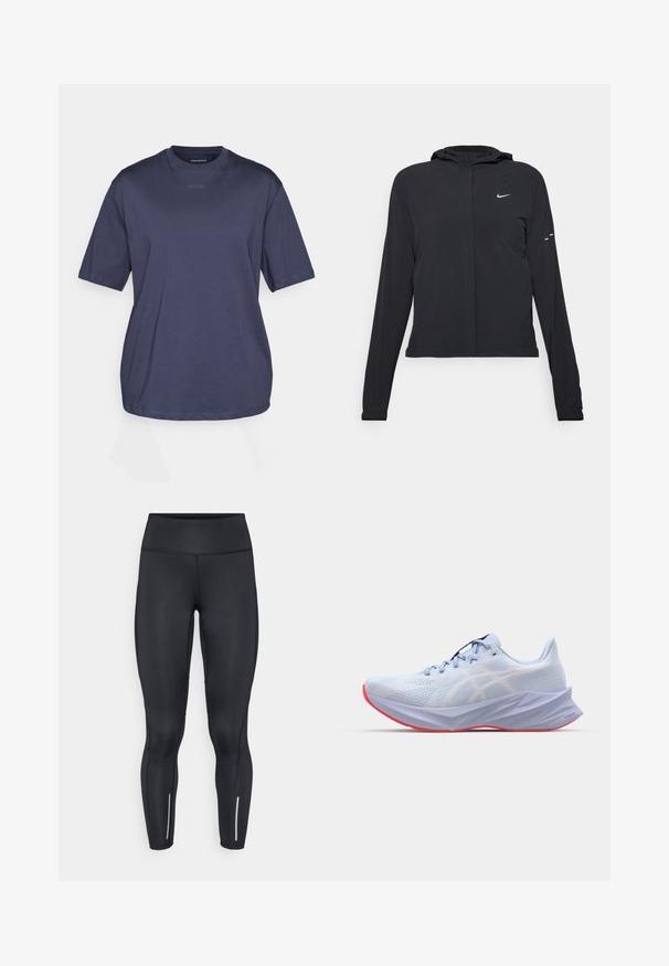 Černá kapucňová bunda s dlouhými rukávy, vyrobená z lehkého materiálu. Obsahuje přední zip, logo Nike a decentní designové akcenty.; Námořnická modrá bavlněná trička s kulatým výstřihem a krátkým rukávem. Má minimální branding na přední straně a volný střih.; Černé legíny z pružného materiálu s vysokým pasem, s reflexními prvky u kotníků a hladkou texturou.; Světle modrá sportovní bota s texturovaným síťovým vrškem, bílými logovými akcenty, polstrovanou podrážkou a růžovou podrážkou. Disponuje štíhlým, ergonomickým designem.