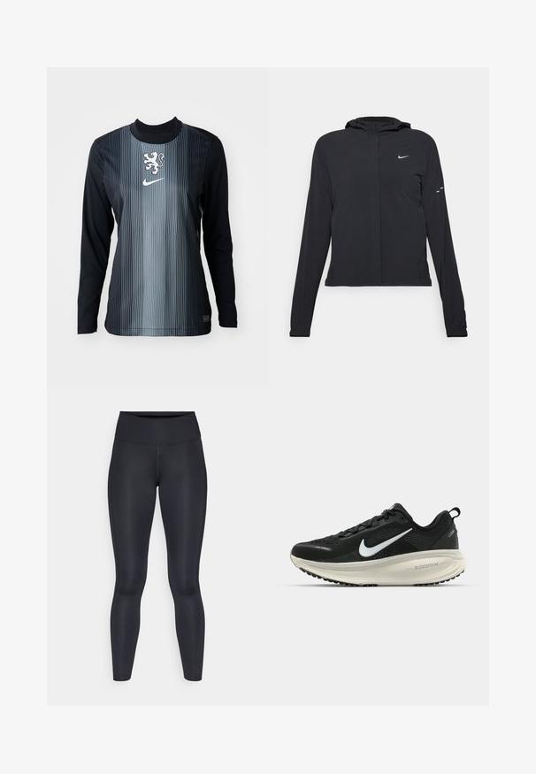 Mustassa hupparissa on pitkät hihat, ja se on valmistettu kevyestä materiaalista. Siinä on edessä vetoketju, Nike-logo ja hillityt muotoiluyksityiskohdat.; Pitkähihaisen mustan ja harmaan paidan, jossa on pystysuorat raidat, rinnassa on leijonamerkki ja Nike-logo. Sujuva pinta, urheilullinen istuvuus.; Mustat legginsit, jotka on valmistettu sileästä ja joustavasta kankaasta. Korkea vyötärö ilman näkyviä kuvioita tai tehosteita. Istuu tiiviisti vyötäröstä nilkkoihin.; Mustat Nike-juoksukengät, joissa on hengittävä verkko-osa, valkoinen swoosh-logo, teksturoitu yksityiskohtaus ja kermaisen värinen ZoomX-välipohja.